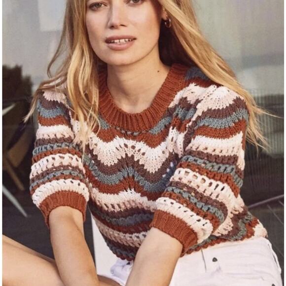 Evereve Arabella Crochet Multicolor Knit 3/4 Sleeve Stripe Sweater Top Sz Small - Picture 2 of 7